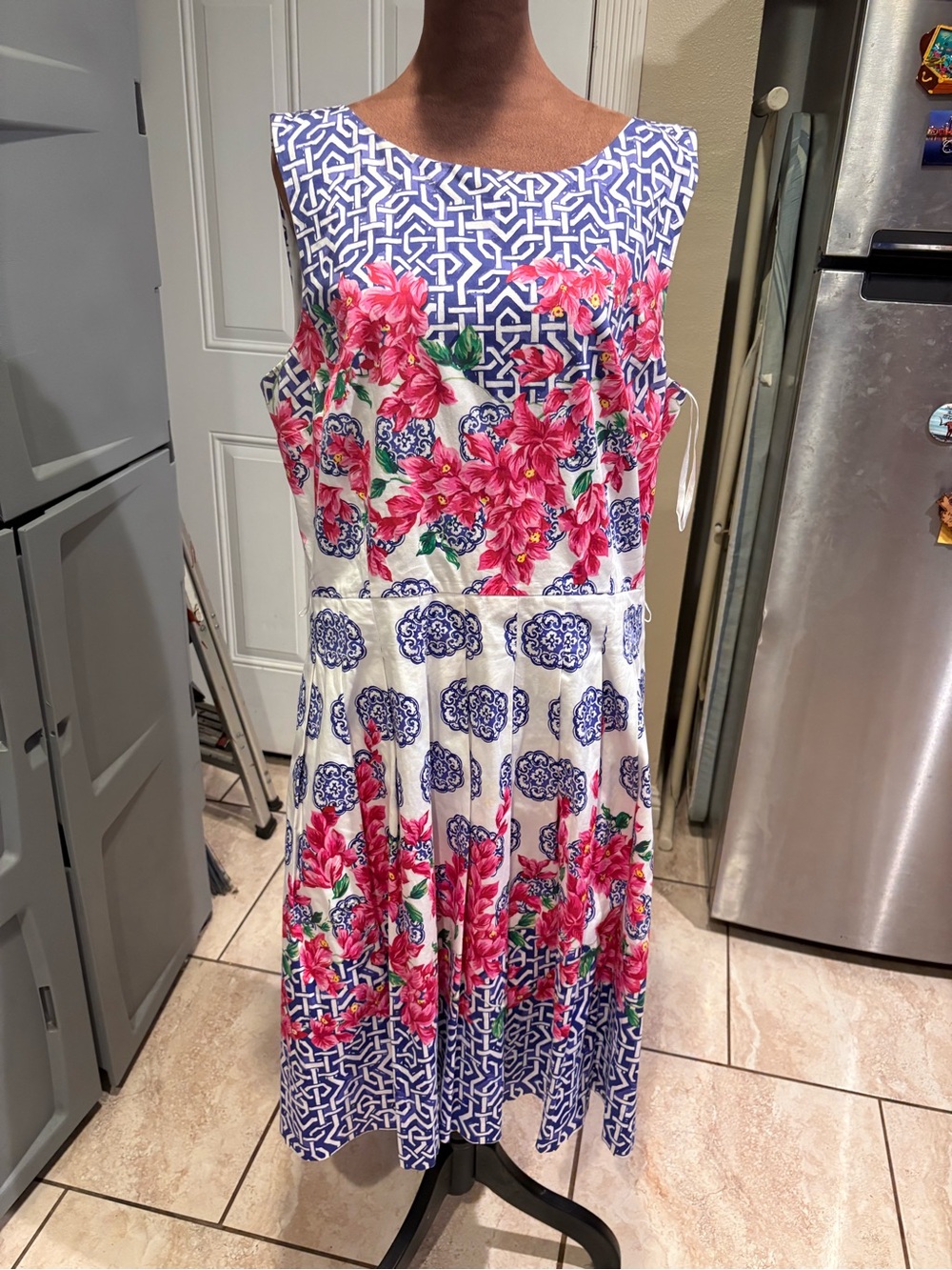 Talbots White Dress with Blue Geometric & Pink Floral Print
